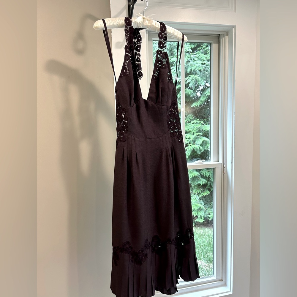 Plum halter cocktail dress. Catherine Malandrino. Size 4. Lace and pleating.